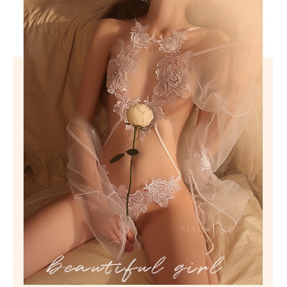 erotic underwear sexy petal one-piece perspective three-point pajamas outer gown - Picture 6 of 11